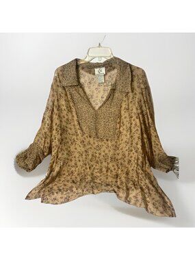 ICE Vintage Y2K Top 100% Silk Sheer Floral Nature Fairy Cottagecore 3XL
